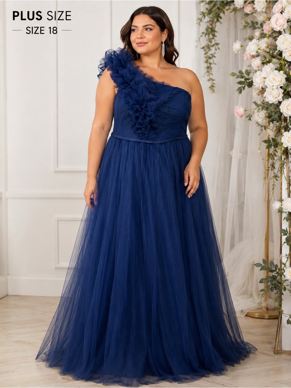 Plus Size Navy One Shoulder Tulle Corset Formal Gown Size 18